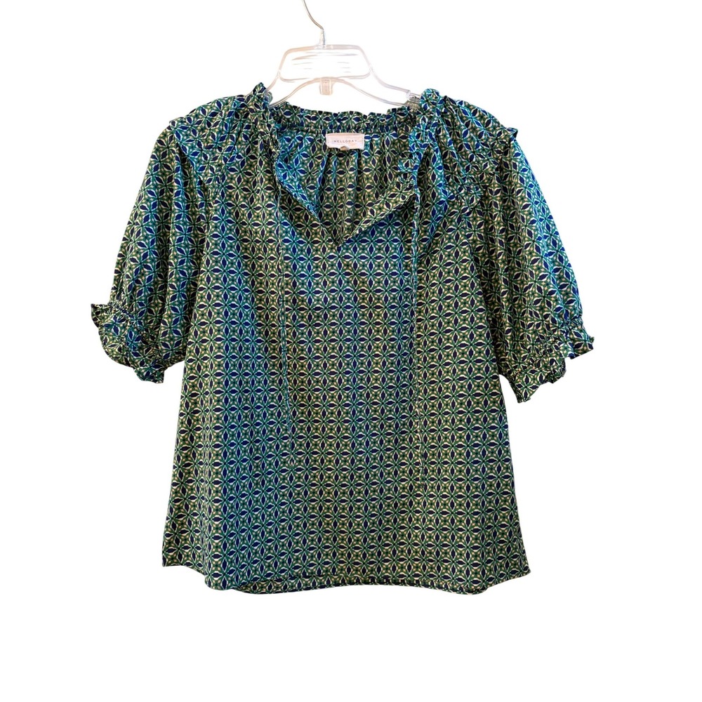 Melloday Green Geometric Print Ruffle Tie Neck Puff Sleeve‎ Blouse Boho Small